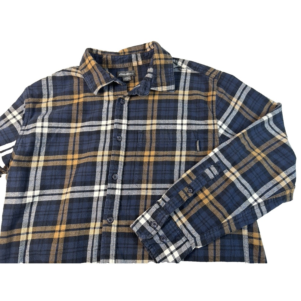 Eddie Bauer Mens Flannel Shirt BLUE BROWN Plaid Check‎ Long Sleeve LARGE